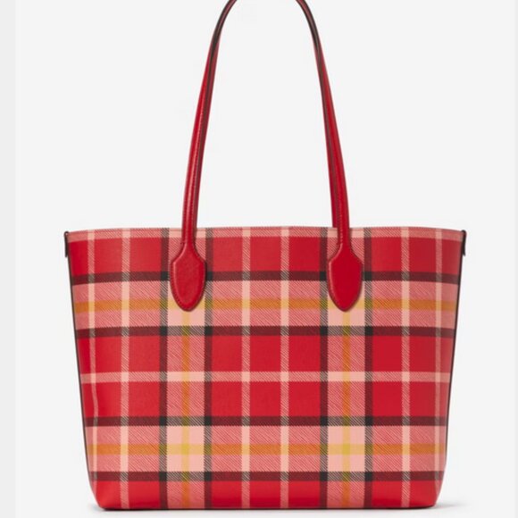 NWT Kate Spade Bleecker Museum Plaid Large Tote Bag KD642 Engine Red Multi - Picture 6 of 9